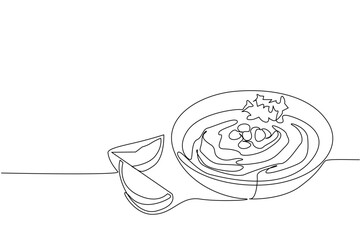 Continuous one line drawing hummus in white bowl with leaf and nut toppings plus lemon slices. Creamy and fresh blend in mouth. International Hummus Day. Single line draw design vector illustration