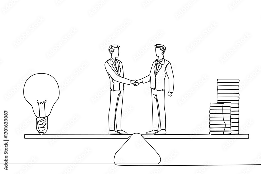 Poster single continuous line drawing 2 businessmen shaking hands with large stack of coins and a large lig