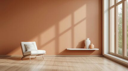 Modern Minimalist Room Interior:  Warm Peach Walls, Light Wood Floors, White Armchair, Sunlight Streaming Through Window, Simple Decor.