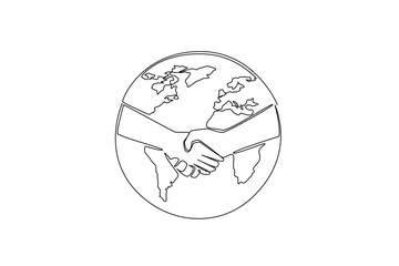 Single one line drawing globe and in the middle there are 2 hands shaking hands. The buying and selling business is conducted online. World Fair Trade Day. Continuous line design graphic illustration