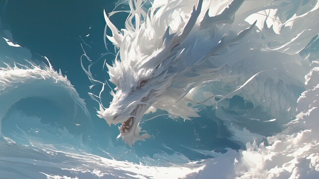 A majestic white dragon emerges from swirling icy waves, embodying power and fantasy.