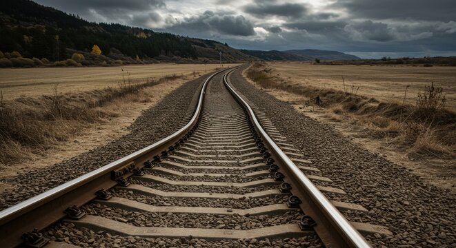 Dramatic perspective of railway tracks leading towards a stormy horizon