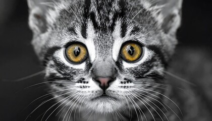 Close-up view of a kitten's face, showcasing striking black and white markings and bright yellow eyes, creating a captivating and curious expression.