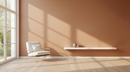 Modern Minimalist Living Room: Beige Wall, Sunlight, Armchair, Shelf