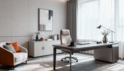 Modern Executive Office Interior with Desk, Chair, Artwork and Natural Light for Business Professionals