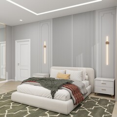 Modern bedroom interior with a soft upholstered bed, geometric rug, stylish wall panels, and minimal lighting, creating a cozy and elegant atmosphere