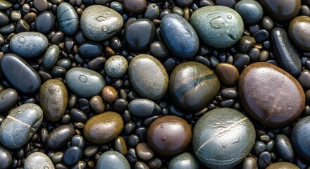 Close-up View of Wet, Smooth Pebbles A Textured, Natural Background