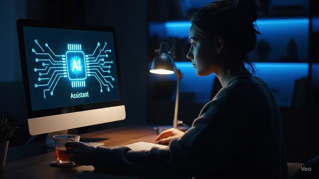 AI machine learning chatbot technology assisting users with automated virtual communication. Futuristic interface artificial intelligence enabling smart conversation and solutions customer support.
