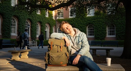 A student sleeping on a bench in a college courtyard, with a backpack and a coffee cup nearby.