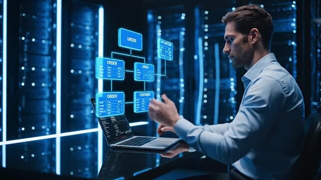 Futuristic developer working on a computer with floating diagram