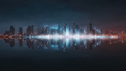 Night city skyline reflected in water with audio visualization