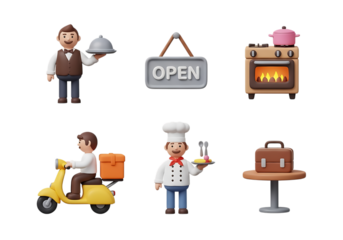3d icon of set of 3d cartoon icons for restaurant and food service, isolated on transparent background