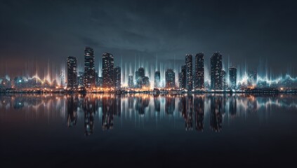 Fototapeta premium Futuristic city skyline at night, reflected in water