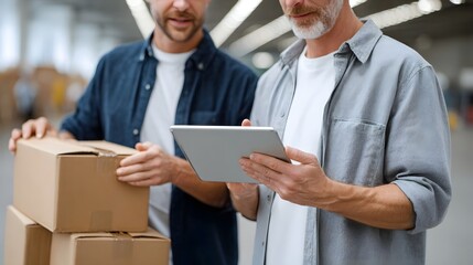 Startup team reviewing shipping logistics on tablet in warehouse