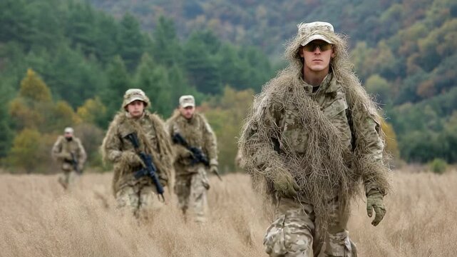 Soldiers walking in formation through tall grass