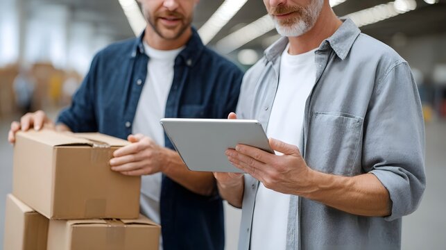 Startup team reviewing shipping logistics on tablet in warehouse