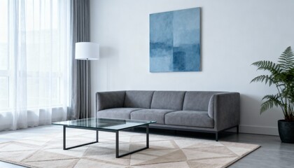 Obraz premium Modern Living Room Interior with Gray Sofa, Coffee Table, and Abstract Art for Home Decor
