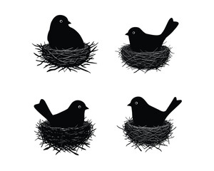 Four silhouettes of black birds sitting comfortably in their nests against a white background