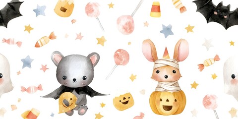 Obraz premium Cute Halloween themed animals in playful costumes