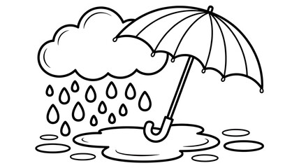 Cartoon Illustration of Rain, Cloud, and Umbrella