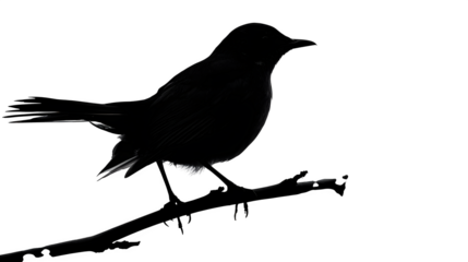 A serene bird perched on a branch, silhouette, isolated on Transparent background,