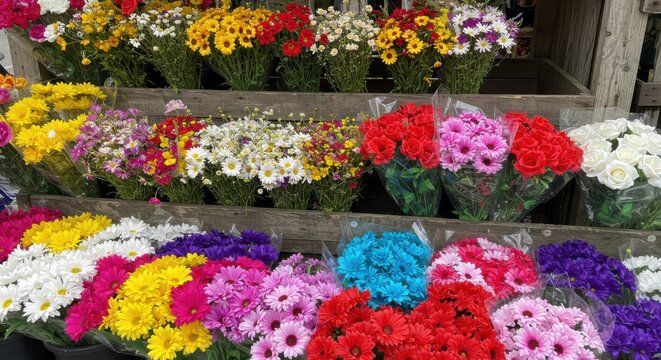 Vibrant flower display colorful bouquets arranged on wooden shelves for sale