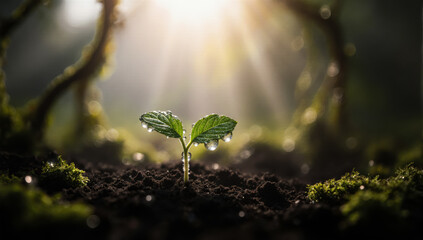A seedling in fertile earth with a poetic touch. The foggy undergrowth and subtle moss add to the unique appeal of this image.