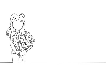 Single one line drawing a little girls wearing tshirts hugging colorful arrangements of tulips. Flowers for the beloved mother. Care. Love. Tulip Day. Continuous line design graphic illustration