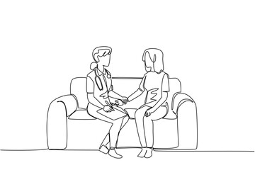 Single one line drawing doctor wearing stethoscope checking pulse of patient while carrying clipboard. Checking slowly. National Checkup of Women Day. Continuous line design graphic illustration
