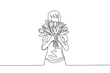 Single continuous line drawing a woman wearing a tshirt holding a bouquet of colorful tulips. Getting a surprise from her beloved partner. Flowers. Tulip Day. One line design vector illustration