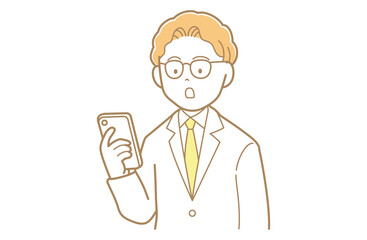 スマートフォンを見る金髪で白衣の男性のイラスト