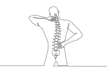 Single continuous line drawing a man holding the waist and neck. Xray appearance. Avoid serious injury. Check with an expert. Spinal Cord Injury Awareness Day. One line design vector illustration