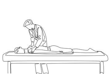 Single continuous line drawing male physiotherapist massaging back of male patient sleeping on patient bed. Spine treatment. Spinal Cord Injury Awareness Day. One line design vector illustration