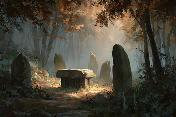 A stone altar in a forest clearing with sunlight streaming through the trees above