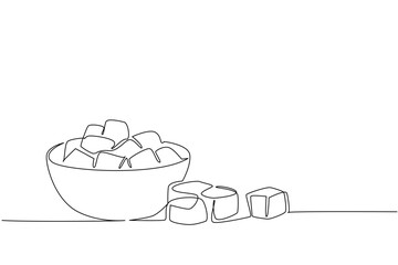 Single continuous line drawing croutons in a bowl and some scattered on the side of the bowl. Adding to the deliciousness of food. Snack. National Crouton Day. One line design vector illustration