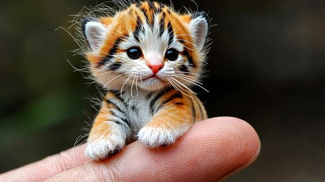 An adorable, minuscule, fuzzy baby cat with orange and black stripes sits perched on a person's fingertip against a soft-focus natural background.