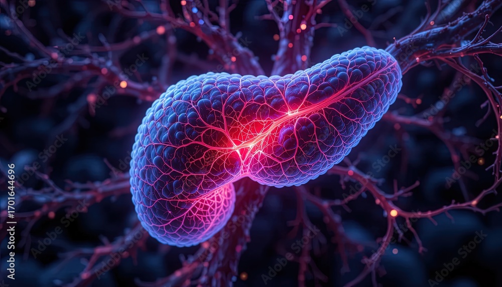 Poster detailed 3d rendering of a pancreas, highlighted by vibrant pink and blue hues, set against a dark b