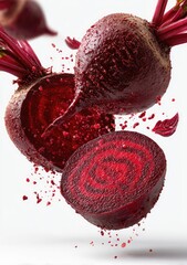 Red beetroots sliced and levitating