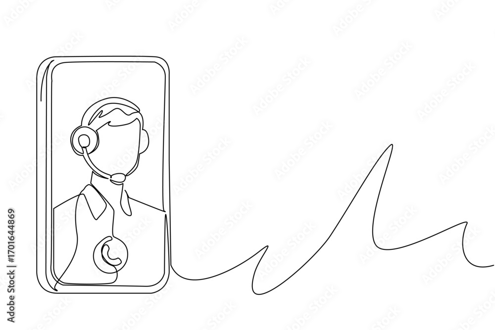 Poster single continuous line drawing smartphone with image of customer support wearing headphones. solve p