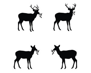 Four silhouette illustrations of deer with antlers and holding greenery in their mouths on a white background