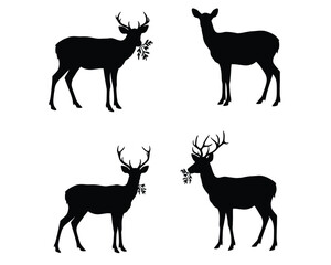 Four silhouette deer poses with antlers and festive greenery in a clean white background