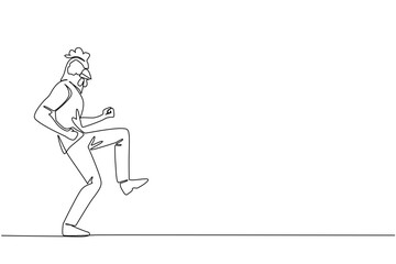 Continuous one line drawing a young man wearing a tshirt wearing a chicken head mask poses dancing. Dancing like playing guitar. Dance Like a Chicken Day. Single line draw design vector illustration