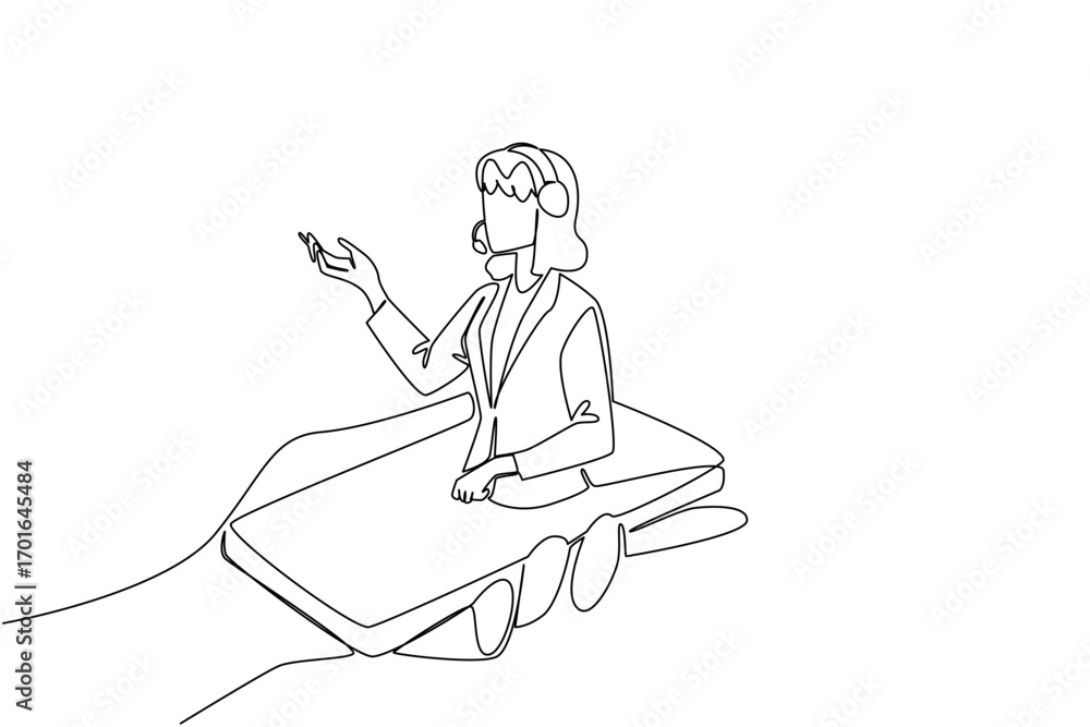 Poster continuous one line drawing hand hold smartphone with female customer support coming out of screen. 