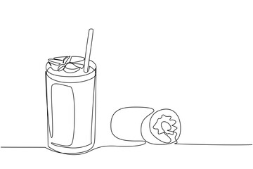 Continuous one line drawing glass of kiwi juice with straw and leaf on top of glass. Fresh drinks that protect the immune system. National Juice Slush Day. Single line draw design vector illustration