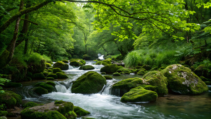 Fototapeta premium Lush green forest stream flowing over moss-covered rocks in serene natural landscape