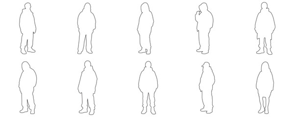 Architectural Drawings trendy people in oversized streetwear outfits, casual poses outline vector illustration,  front view, human person Minimal style hand drawn. Sections, Elevations, Floor Plans