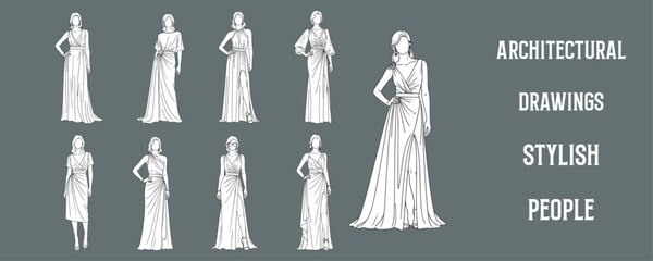 Architectural Drawings stylish people in elegant evening wear and gowns vector illustration,  front view, human person Minimal style hand drawn. Sections, Elevations, Floor Plans