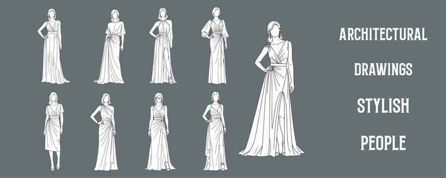 Architectural Drawings stylish people in elegant evening wear and gowns vector illustration,  front view, human person Minimal style hand drawn. Sections, Elevations, Floor Plans