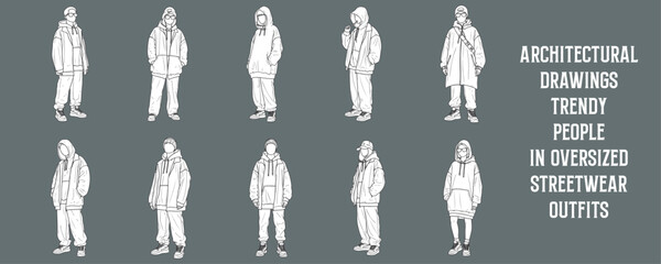 Architectural Drawings trendy people in oversized streetwear outfits, casual posesvector illustration,  front view, human person Minimal style hand drawn. Sections, Elevations, Floor Plans