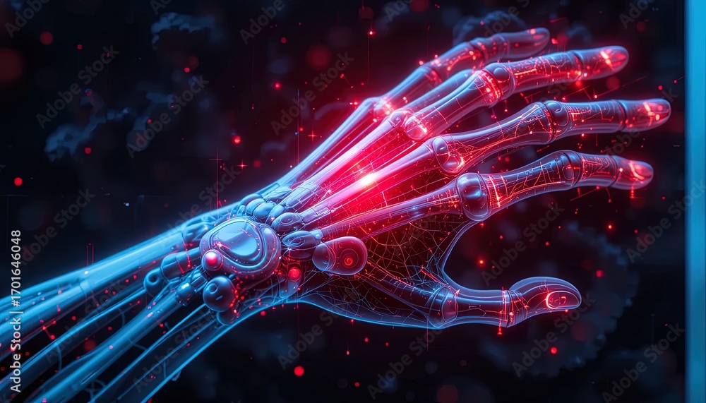 Poster a detailed 3d rendering of a futuristic robotic hand, showcasing its intricate structure and glowing